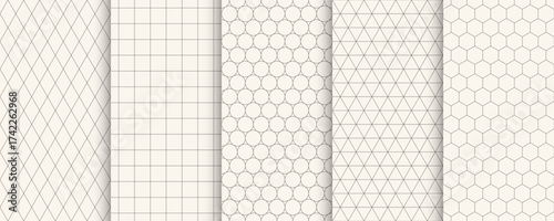 Collection of seamless decorative monochrome grid simple patterns - geometric ornamental luxury design. Repeatable beige elegant backgrounds. Symmetry endless prints
