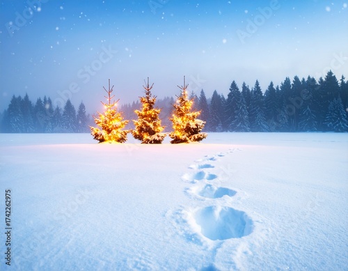 Small Christmas Trees with Lights in Snowy Field at Dusk
Generated image
