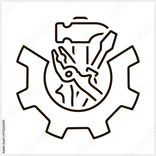 Outline screwdriver pliers icon Hammer, gears Tools clipart sketch Vector stock illustration