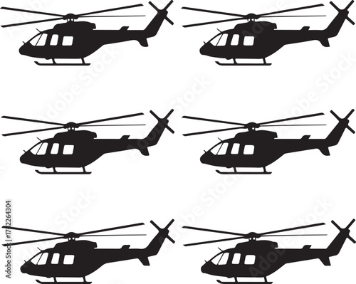 Six black helicopter silhouettes in clean design