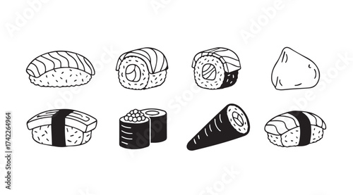 Hand drawn sushi assortment featuring nigiri maki and other japanese delicacies artistic style vector