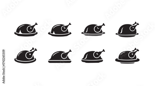 Collection of eight roasted chicken icons expressing different cooking stages and styles for culinary graphics vector