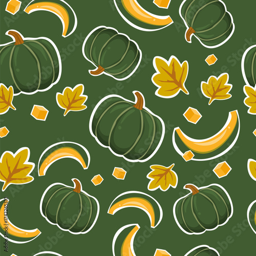 Green pumpkin seamless pattern with yellow leaves illustration. Fall season theme illustration. Can be used for wallpaper, paper wrapping, fashion fabric