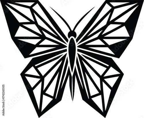 A symmetrical geometric style butterfly icon featuring clean lines and sharp angles isolated on white background.
