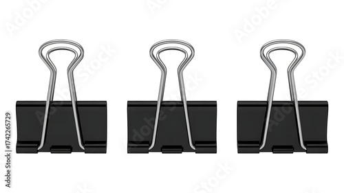Binder clip for paper or Realistic metallic black paper clip. Office supplies or page clamp. Set of closed metal paper clips isolated on transparency background.