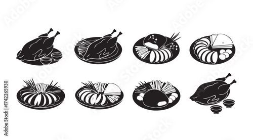 Whimsical line art drawings of whisked food creations isolated on white vector