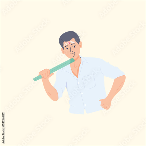 Indian Farmer Holding Farming Tool Illustration