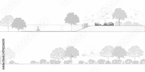 Architectural elevation and landscape design of a modern minimalist house surrounded by trees and plants