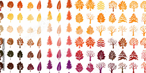 Collection of diverse autumn trees and leaves in warm colors and various artistic styles