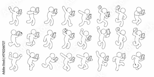 Collection of simple line art figures in various dynamic poses using a smartphone or mobile device