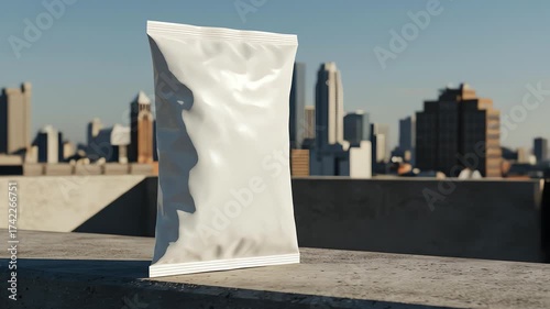 Blank white pillow pouch, a sealed sachet packaging, on a concrete ledge with a blurred modern cityscape background, suitable for urban product branding and mockups.