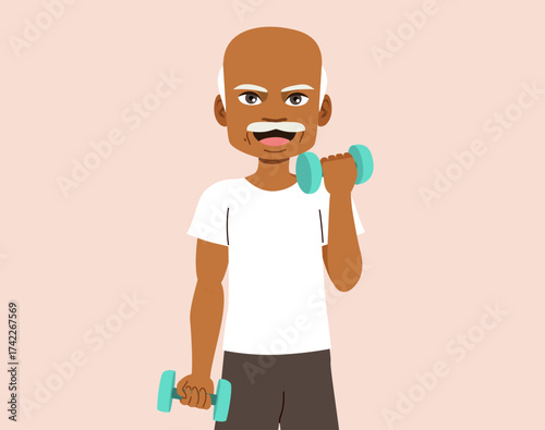 Cartoon vector illustration of an elderly man doing sports with dumbbells. Drawing for health, fitness and senior wellness promotion projects