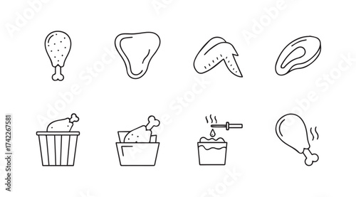 Hand drawn collection of fried chicken pieces and packaging elements isolated on white vector
