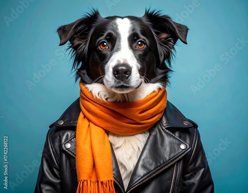 A dog wearing a jacket and orange scarf