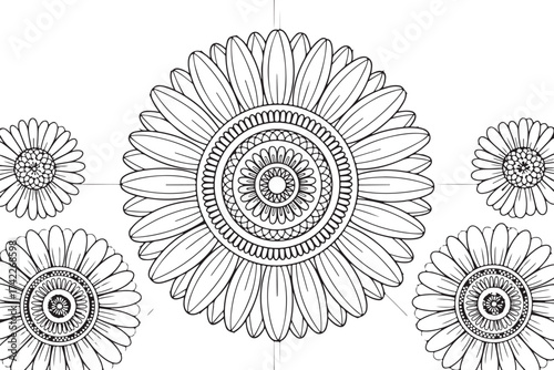 Layered Sunflower Bouquet Mandala – Intricate Botanical Coloring Page
