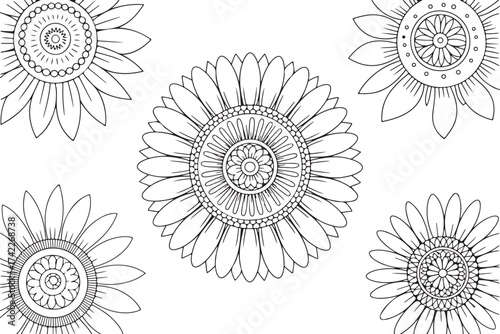 Layered Sunflower Bouquet Mandala – Intricate Botanical Coloring Page