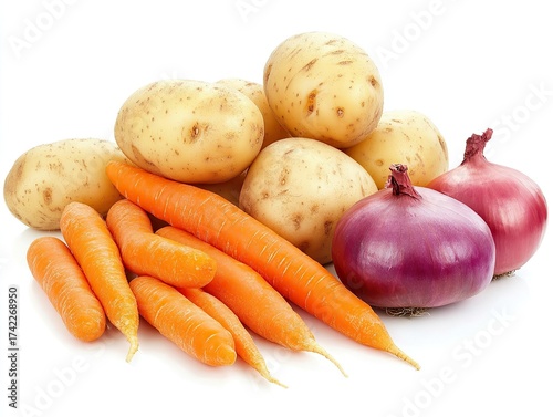 Variety of vegetables: potatoes, carrots, and onions arranged on a white surface, ready to be cooked.
