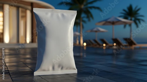 Blank White Flexible Packaging Pouch Mockup Standing by a Luxury Resort Poolside at Night, Customizable Food, Cosmetic or Beverage Product