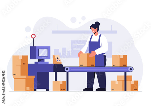 Woman packing boxes on a conveyor belt in a factory.