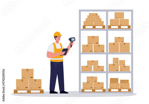 Warehouse worker scanning boxes with a barcode scanner in a storage facility.