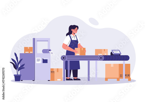 Woman working at a conveyor belt packing boxes in a factory.