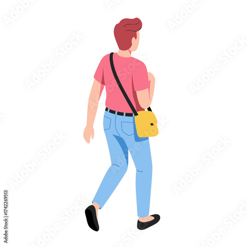 Illustration of a person walking with a yellow bag over their shoulder.