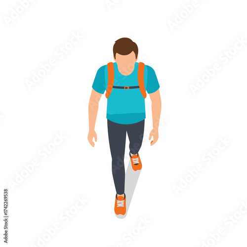 Top-down view of a man wearing a backpack and walking forward.