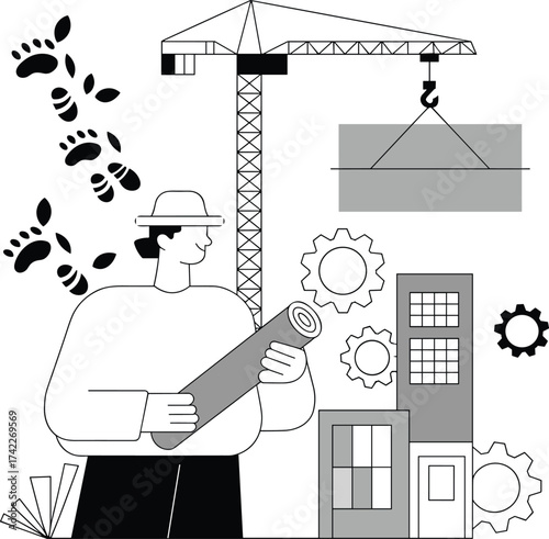 Construction worker, blueprint, crane, engineering, architecture, building site, gear, teamwork, infrastructure,
