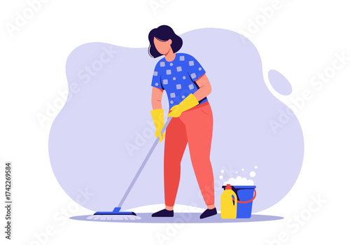 Woman mopping the floor with a bucket of soapy water.