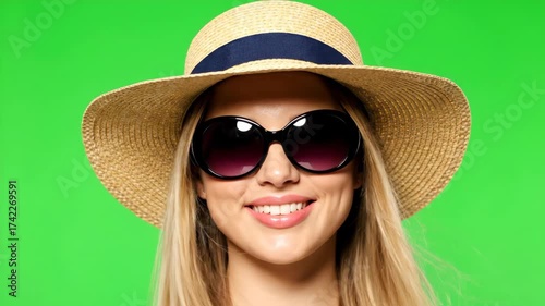 Smiling Woman Wearing Hat And Sunglasses On Green Screen Background