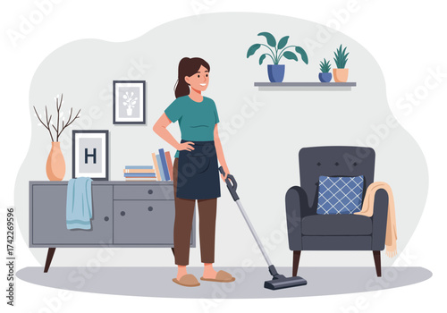 Woman vacuuming the living room with furniture and plants in the background.