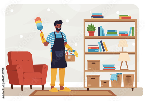 Man cleaning a room with a duster and cleaning supplies.