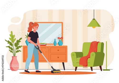 Woman vacuuming the living room with furniture and decorations.