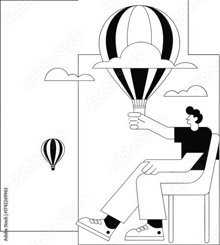 Hot air balloon, imagination concept, black and white, young dreamer, envisioning, holding balloon, seated figure, minimalist clouds, monochrome design, flat vector illustration