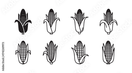 Collection of stylized corn cob icons representing harvest and food natural agriculture vector