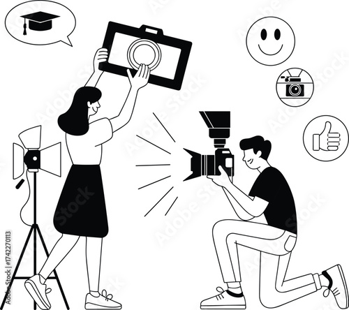 Photography session, camera setup, studio lighting, graduation photo, creative shoot, professional equipment, photo frame prop, teamwork, flat vector illustration