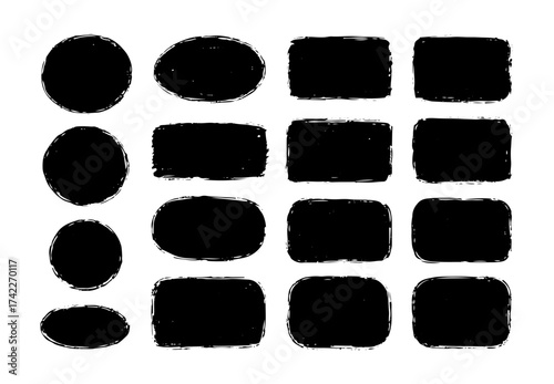 Vector collection of sixteen black grunge shapes including ovals and rectangles shapes
