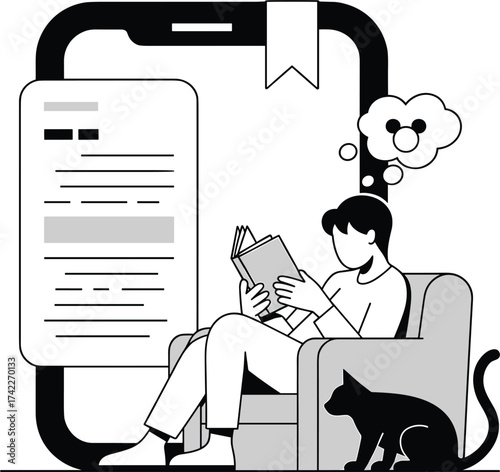 A businessman or student sitting at a desk with a laptop or pc may be reading a book or a newspaper for business or work