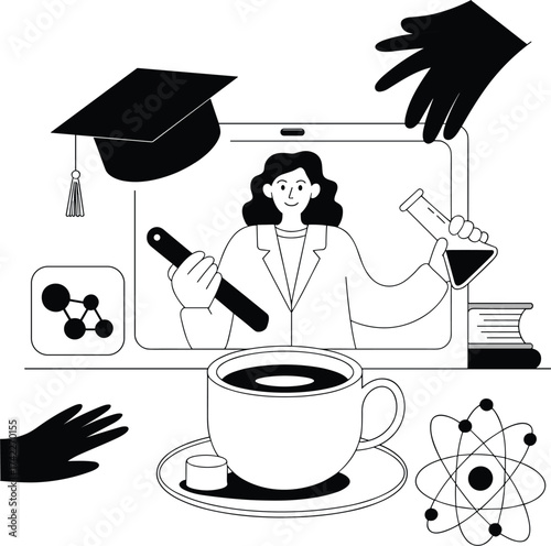 Science education, online learning, chemistry experiment, digital classroom, molecular research, academic success, physics concept, teamwork, innovation, flat vector illustration