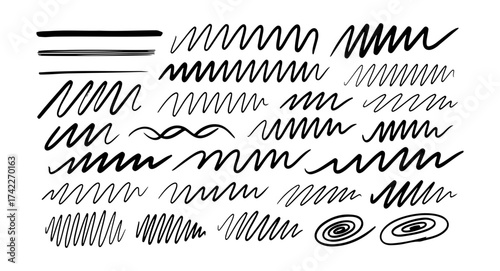 Vector collection of hand drawn black lines squiggles and spirals on white paper