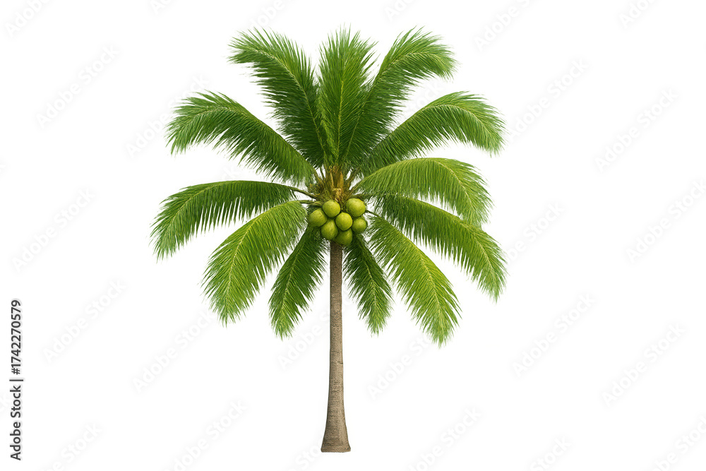 Obraz premium Coconut palm tree with green coconuts on it, tropical plant for paradise island or beach vacation designs, transparent background