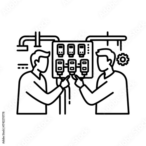 Two workers operating a machine in a factory setting industrial process.