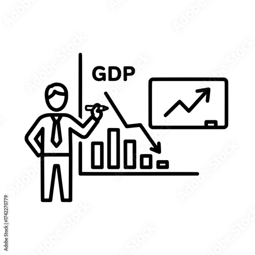 Economic analysis of GDP decline with business person and charts.