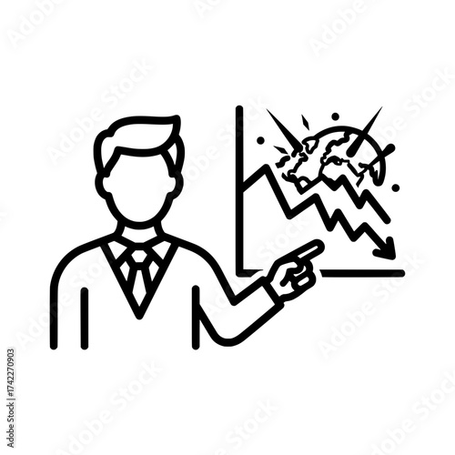 Business professional presenting financial crisis graph with downward trend and global impact.