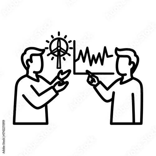 Two men discussing renewable energy and graphs of data analysis.