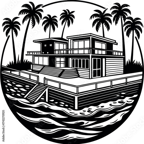 Modern tropical mansion by the ocean with palm trees oval design