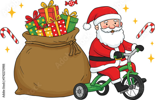 Funny Santa Claus riding tricycle with big gift bag full of colorful presents and candy canes for Christmas celebration