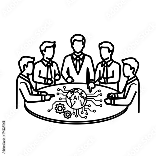 Business team discussing AI technology around a table.