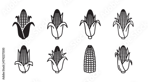Set of stylized corn on the cob icons different stages of ripeness and husk styles vector