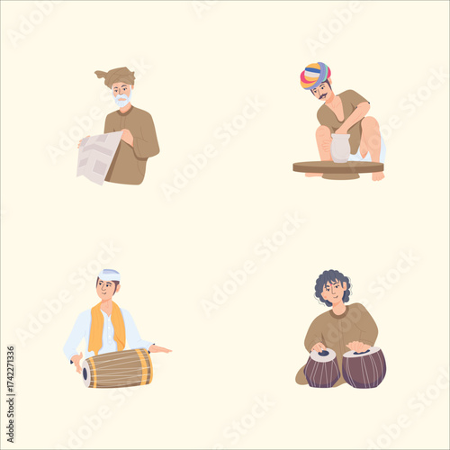 Traditional Indian Occupations and Musicians Illustration
